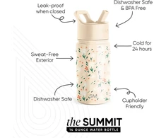 Simple Modern vaikiška vandens buteliukas su šiaudeliu | Izoliuota nerūdijančio plieno daugkartinio naudojimo gertuvė vaikams, mergaitėms, berniukams | Summit kolekcija | 414 ml, Chloe Floral