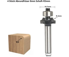 Sinoprotools apvalinimo freza su 8 mm kotu, standartinis spindulio frezų rinkinys su rutuliniu guoliu, apvalinimo freza kraštų frezavimui / frezavimo stalui, 4 vnt.