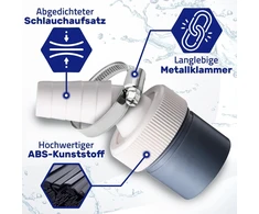 Skalbimo mašinos išleidimo adapteris ir indaplovės prijungimo išleidimas žarnai, kurios įleidimo skersmuo 18–24 mm, o išleidimo anga 40 mm, su 1 žarnos spaustuku, kurio skersmuo 20–32 mm Monteral