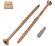 Skir'co (10 vnt.) universalūs cinkuoto plieno 6,0 x 120 mm geltoni medvaržčiai su įleidžiama galvute Torx, skirti medienos drožlių plokštėms (10, 6,0 x 120 mm)
