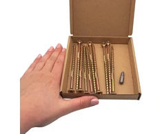 Skir'co (10 vnt.) universalūs cinkuoto plieno 6,0 x 120 mm geltoni medvaržčiai su įleidžiama galvute Torx, skirti medienos drožlių plokštėms (10, 6,0 x 120 mm)