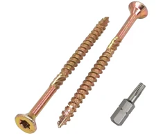 Skir'co (100 vnt.) universalūs cinkuoto plieno 4,0 x 60 mm geltoni medvaržčiai su įleidžiama torx galvute, 17 tipo medienos drožlių plokštės varžtai (100, 4,0 x 60 mm)