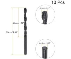 Sourcing map 6542 greitapjovio plieno spiralinis grąžtas su pilnu pagrindu, padengtas juodu oksidu, 4,3 mm, 75 mm, 10 vnt.