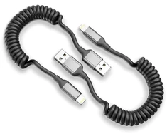 Spiralinis usb a į lightning kabelis trumpas, 2 vnt. mfi sertifikuotas usb iphone įkrovimo kabelis automobiliui, carplay kabelis su duomenų sinchronizavimu, skirtas iphone 14 13 12 11 pro max x xs xr 8 7 6 plus se, juodas/pilkas