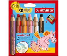 Stabilo - spalvinimo pieštukas, akvarelė ir vaško kreidelė - Woody 3 in 1 - Birthday Edition - Unicorn - 6 vnt. pakuotė su drožtuku - 6 spalvos