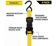 Stanley S1000 25 mm x 3 m diržų komplektas su terkšle – lengvam krovinių transportavimui (680 kg trūkimo riba) – 8 vnt. – juodi/geltoni