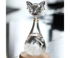 Sturmo stiklo meteorologijos stotis, orų prognozės butelis katės formos, barometriniai stiklo lašai su mediniu pagrindu, orų stiklo audros butelis, originali dovana moterims gimtadienio proga (balta katė)