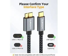 Sunguy usb c į micro b kabelis usb 3.1, 2 vnt., 0.5 m, 10 gbps usb c male į micro b male kietojo disko kabelis, suderinamas su toshiba, seagate, wd, galaxy s5 note 3, hdd ir kt., pilkas