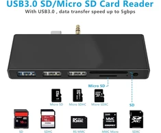Surface Go doko stotis, Usb C šakotuvas Surface Go / Go2 / Go3 su Usb 3.0 + 2 Usb 2.0 + Sd kortelių skaitytuvu + Micro Sd kortelių skaitytuvu (sd &amp; Tf lizdas) + 3.5 mm garso išvestis, daugiafunkcinis 6-in-2 Surface Go