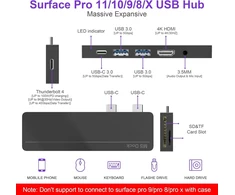 Surface Pro 8/9/10/11/x dokas, Surface Pro 8/9/10/11/x šakotuvas su 4k Hdmi, 100w Usb C Thunderbolt 4, Usb C 3.0 (duomenims), audio, 2 x Usb A 3.0, Tf/sd, trigubas ekranas, skirtas Surface Pro 8/9/10/11/x
