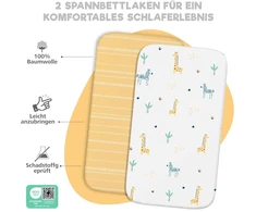 Sweety Fox 2 x paklodės su guma, pagamintos iš 100% medvilnės, 1 x čiužinio apsauga, pagaminta iš 100% vandeniui atsparios medžiagos, 3 dalių rinkinys, 55 x 90 cm, Savannah