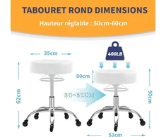 Taburetė su ratukais, reguliuojamo aukščio su pakėlimo žiedu, storu putų paminkštinimu, minkšta ir patogi su 360° ratukais, biuro taburetė, kurios apkrova iki 180 kg, Spa Lounge (baltas)