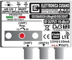 Televizorius (eco) ass30-ureg(4g/5g)/2out tv antenos stiprintuvas su lte filtru 4g ir 5g (pasirenkamas), antenos stiprintuvas, 1 uhf įvestis, stiprinimas 30 db, antenos stiprintuvas 2 išėjimai, pagaminta italijoje