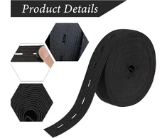 Tengee elastinė juosta siuvimui, 2 m elastinė juosta siuvimui, plokščia siuvimo juosta su sagų kilpelėmis, elastinė, juoda elastinė juosta, plati kelnių guma, su 5 dervos sagomis, drabužiams, perukui, diržui