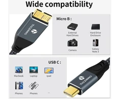 Thzzhnno usb c į micro b kabelis 0,5 m, micro b į usb c kietojo disko kabelis, skirtas iphone 15, 16, my passport, ipad/tablet