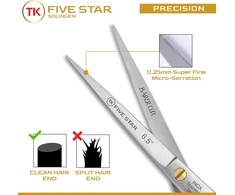 Tk five star solingen® barber cut premium 6.5 colio itin aštrios plaukų kirpimo žirklės, nerūdijančios, su mikro dantukais, skirtos moterims, vyrams, kirpėjams ir vaikams, tinka storiems plaukams