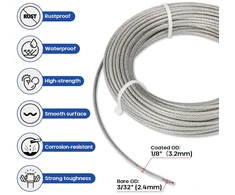 Tootaci nerūdijančio plieno trosas 3 mm rinkinys, nerūdijančio plieno trosas 3 mm, 15 m / 3 mm nerūdijančio plieno kabelis padengtas Pvc, plieno trosas su kilpomis, M5 trosų įtempimo kabliai, kilpinės plokštelės, karabinas