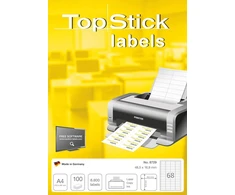 Topstick 8729 universalūs lipdukai, 100 lapų, 48,5 x 16,9 mm, 68 vnt. ant A4 lapo, 6800 vnt., lipnūs, spausdinami, matiniai, tuščio popieriaus lipdukai, balti