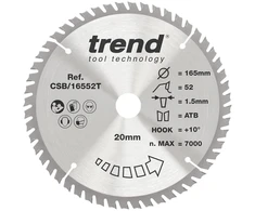 Trend medžio akumuliatorinis diskinis pjūklo diskas, 165 mm skersmuo, 20 mm skylė, 52 dantys, hw, 1,6 mm pjovimo plotis, +15° kampas, csb/16552t