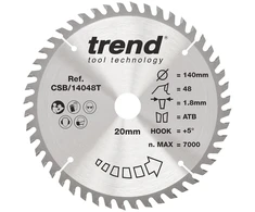 Trend Wood akumuliatorinis diskinis pjūklas, 140 mm skersmens, 20 mm skylė, 48t, 1,8 mm pjūvis, +5° kampas, Tct Fine Finish Csb/14048t