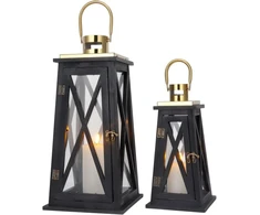 Trirocks Žibintai žvakėms, 2 vnt., 55 cm ir 40 cm aukščio, medinis juodas žvakidė, vintažinė žvakidė su stiklu, sidabro metalinis žiedas, sodo dekoracija, kapų žibintas, balkono dekoracija motinos dienai