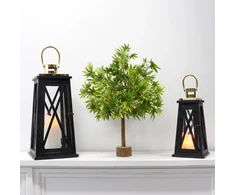Trirocks Žibintai žvakėms, 2 vnt., 55 cm ir 40 cm aukščio, medinis juodas žvakidė, vintažinė žvakidė su stiklu, sidabro metalinis žiedas, sodo dekoracija, kapų žibintas, balkono dekoracija motinos dienai