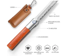 Trivisa Kira-02o japoniškas sulankstomas kišeninis edc peilis su galvijų kaulo ir titano rankena, 9 cm satino skustuvo skd11 plienas, odinis dėklas
