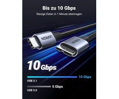 Ugreen 10 Gbps Micro B į Usb C nailoninis Usb Type C 3.1 kabelis išoriniam standžiajam diskui, suderinamas su Usb 3.0 standžiojo disko dėklu (0,5 m)
