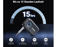 Ugreen Aux Bluetooth adapteris, automobilinis Bluetooth 5.3 imtuvas, laisvų rankų skambučiai, stereo muzika, dvigubas susiejimas su 15 valandų atkūrimo laiku, Jack Bluetooth adapteris automobilio radijui/stereo sistemai/ausinėms, juodas