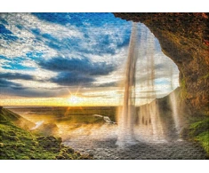 Ulmer Puzzleschmiede - Seljalandsfoss dėlionė - klasikinė 1000 dalių dėlionė - įspūdingo Islandijos krioklio prieš saulėlydį dėlionė