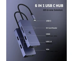 Usb c adapteris hub, usb c hub, 4k hdmi vga usb hub, 6 viename adapteris su usb a, usb 2.0, sd/tf kortelių skaitytuvu, suderinamas su mac, windows ir ios sistemų nešiojamaisiais kompiuteriais