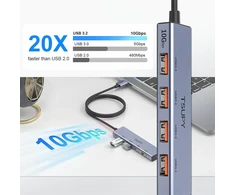 Usb šakotuvas 3.2 gen 2, tsupy usb šakotuvas 10 gbps usb skirstytuvas su 120 cm kabeliu, suderinamas su nešiojamaisiais kompiuteriais, staliniais kompiuteriais, XBOX ir mac ir kt.
