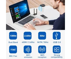 Usb wlan adapteris kompiuteriui - interneto raktas 1300 mbps usb 3.0 dual band 2.4ghz/5.8ghz wlan adapteris kompiuteriui su 2 x 5dbi antena, suderinamas su windows 11/10/8/7/vista/xp, mac os 10.9-10.15