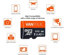 Vantrue 512gb microsd atminties kortelė uhs-i u3 4k su adapteriu, suderinama su vaizdo registratoriumi, išmaniuoju telefonu, planšetiniu kompiuteriu, veiksmo kamera ir stebėjimo kamera (512g)