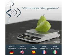 Vibas Ivoice Chef kalbančios virtuvinės svarstyklės akliesiems ir pagyvenusiems žmonėms, kalba 5 kalbomis, svorio kartojimas, reguliuojamas garsumas, talpa 10 kg - 22 lb, baterijos įtrauktos