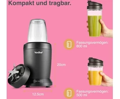 Vonshef daugiafunkcinis asmeninis trintuvas, galingas kokteilių trintuvas vaisiams, daržovėms, kokteiliams ir ledo smulkintuvas su 800 ml ir 500 ml nešiojamais puodeliais, 1000 W