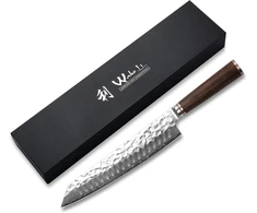 Wakoli Damask Kiritsuke šefo peilis - 20 cm ašmenys pagaminti iš 67 sluoksnių Vg10 Damasko plieno su plaktuko smūgiu, ergonomiška riešutmedžio rankena, profesionalus šefo peilis dovanų dėžutėje mėgėjams