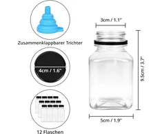 Winter Shore 180 ml daugkartinio naudojimo plastikiniai buteliukai užpildymui [12 vnt.] – skaidrūs tušti sulčių buteliukai su nepralaidžiais dangteliais ir piltuvėliu – mini šaldytuvui, vandeniui ir kokteiliams