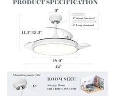 Wisdom Line lubų ventiliatorius su ištraukiamu 42 colių led šviestuvu ir nuotoliniu valdymu, 3 spalvų temperatūros su atminties funkcija, nuolatinės srovės variklis miegamajam ir svetainei