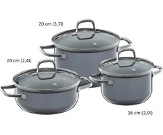 Wmf Fusiontec Essential 3 dalių indukcinis puodų rinkinys su stikliniu dangčiu, indukciniai puodai, aukštųjų technologijų keramika, atsparus įbrėžimams, nepadengtas, tinka visų tipų viryklėms, pagaminta Vokietijoje, pilkas