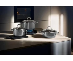 Wmf Fusiontec Essential 3 dalių indukcinis puodų rinkinys su stikliniu dangčiu, indukciniai puodai, aukštųjų technologijų keramika, atsparus įbrėžimams, nepadengtas, tinka visų tipų viryklėms, pagaminta Vokietijoje, pilkas