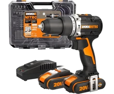 Worx Nitro Wx352.4 akumuliatorinis smūginis gręžtuvas 20 V, bešepetėlinis variklis, 60 Nm, reguliuojamas greitis, Led lemputė (įskaitant 75 dalių antgalių rinkinį, 2 x 2,0 Ah Powershare akumuliatorius)