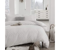 Yasmeng boho patalynės komplektas 200 x 200 cm, baltas, kuokštinis, dryžuotas, bangų rašto antklodės užvalkalų komplektas, minkšta mikropluošto patalynė, moderni patalynė, 3 dalių su užtrauktuku ir 2 pagalvių užvalkalais 80 x 80 cm