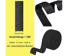 Yitobici elastinė juosta, siuvimo elastinė juosta, 15 mm pločio - 10 metrų, elastinė juosta siuvimui, kelnių guma, audinys siuvimui, "pasidaryk pats" amatai, juoda