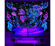 Yrendenge Fluorescentinis gobelenas, drugelio grybo sienų danga, kaukolės mėnulio fazės gobelenas, poliesterio gobelenas, miegamojo bendrabučio estetinė sienų dekoracija 210 x 150 cm