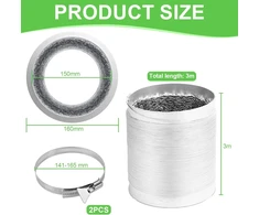 Zigefofo išmetimo žarna, balta, 150 mm skersmens, 3 m ilgio, aliumininė lanksti pvc aliuminio vamzdžio žarna su 2 žarnos spaustukais iš nerūdijančio plieno, skirta oro kondicionieriams, džiovyklėms, gartraukiams, mobiliesiems oro kondicionieriams