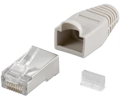 Goobay 68746 RJ45 kištukas, CAT 5e STP ekranuotas su įtempimo mažinimo bagažine, pilkos | apvaliam kabeliui su Threader kabelio laidu 6,4 mm viename pakete (1 komplektas viename maišelyje) Techninės specifikacijos Jungtys, tipas RJ45 kištukinis (8P8C) Jungtis, kontaktų medžiaga auksinis padengtas 3µ Kontaktinis 8 kontaktų kabelio specifikacija CAT 5e Ekranavimo klasė STP AWG 26- 24 Bendras vartojimo vienetas 10 vnt. polybag Spalvotas pilkas