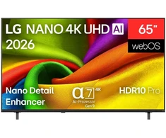 Lg televizorius 65NU800B6LA.AEEQ, 165cm, 3840x2160, LED, 4K UHD, NanoCell, webOS 26, 3x HDMI 2.1, USB-A 2.0, RJ45, CI+, WiFi