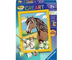 Ravensburger CreArt 25886, arklio ir kačiuko paveikslas, dažymas pagal skaičius, 13x18cm, 10 akrilo dažai, teptukas, rėmas
