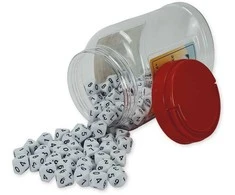 Dėlionė TimeTEX 10-ies plokštumų kauliukų rinkinys plastikiniame inde, taškai "0-9", balti, 100 vnt. (TT93602)